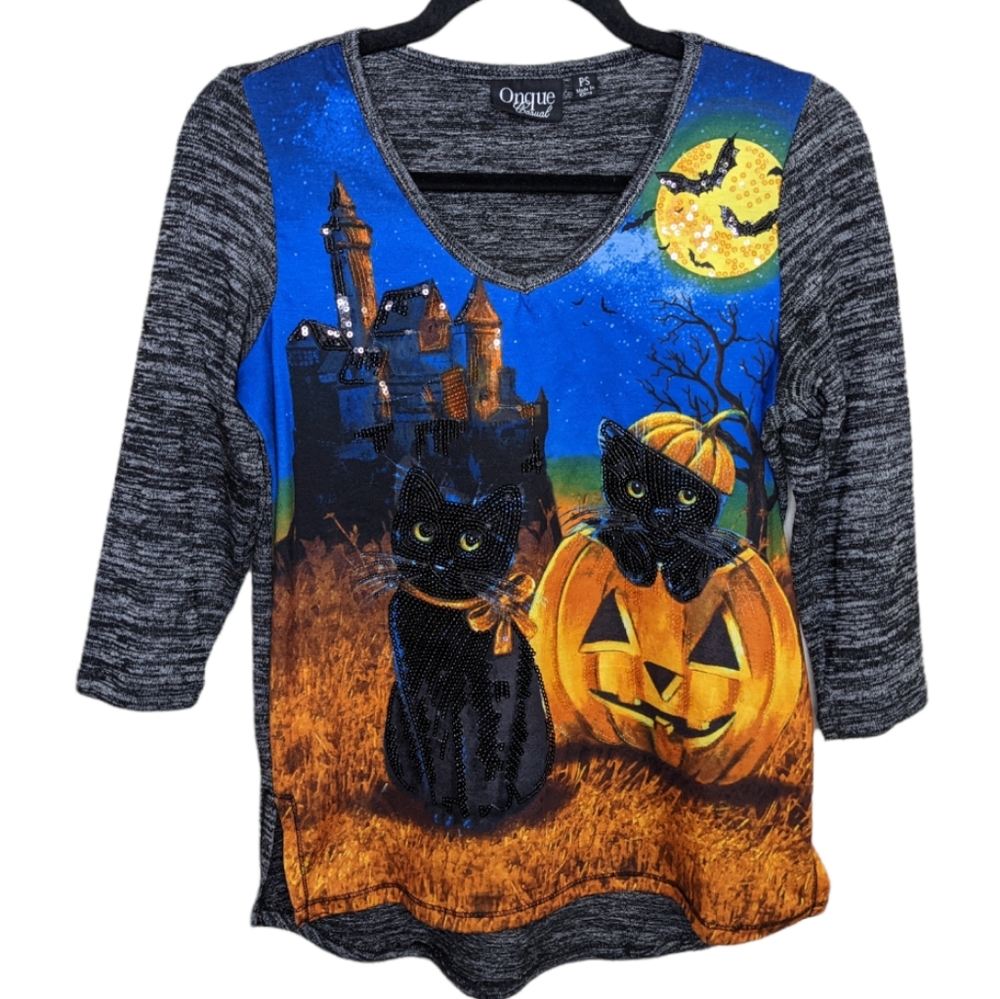 Onque Casuals Women's Halloween Top Black Cats Pumpkins PS